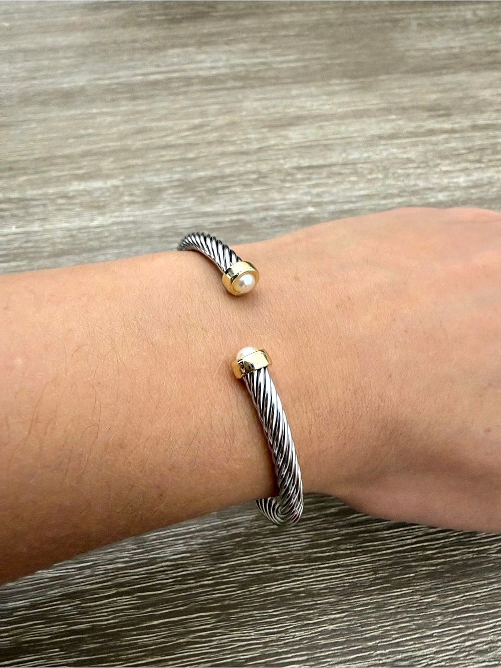 Trendy Cable Silver tone Bracelet with Pearls and Yellow Gold tone accents - NEW